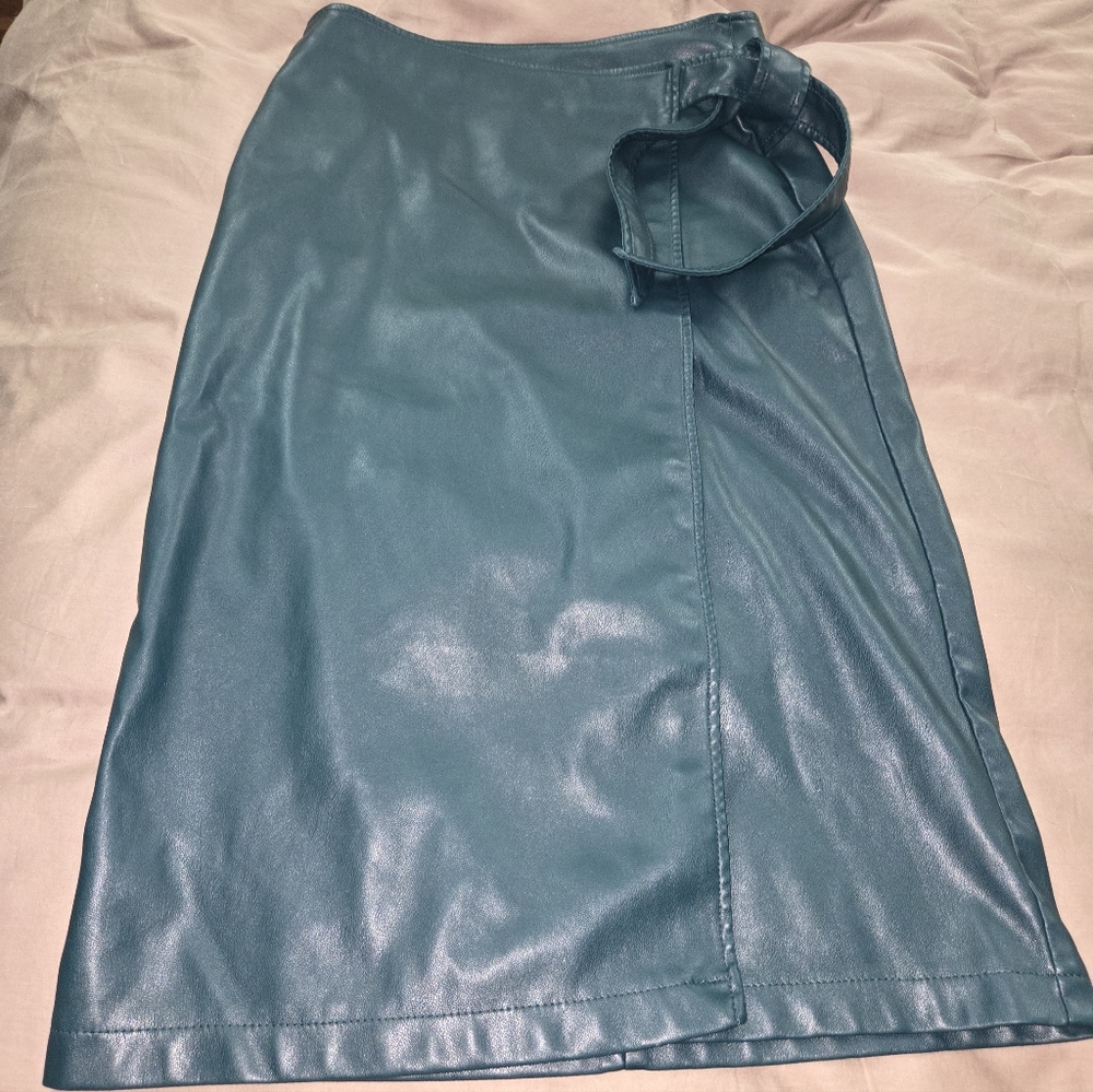 Elegant Dark Green Faux Leather Wrap Skirt